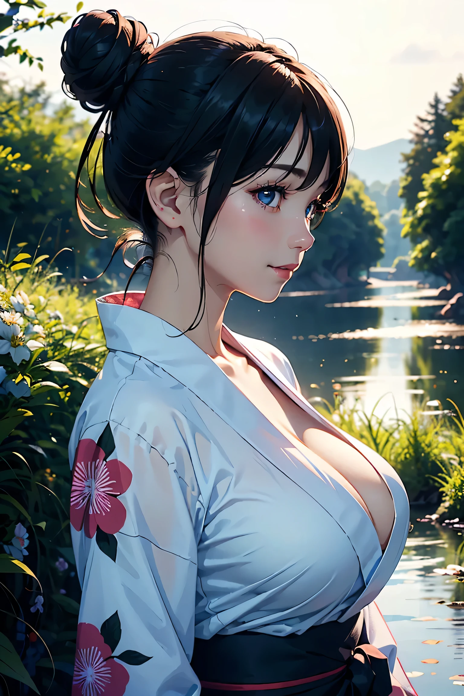 (masterpiece:1.2, Highest quality), (Realistic photos), Beautiful illustrations, (Natural side lighting, Cinema lighting),(1 girl), Japanese, 20-year-old female, Perfect Face, Symmetrical cute face, Glowing Skin、 (Black Hair、Bun Hair、nape undercut:1.2)、Dark blue eyes, (Huge breasts:1.1), Slender build、Beautiful Hair, Beautiful Face, Fine and beautiful eyes, Beautiful body, Beautiful breasts,(Floral Yukata),smile、Blushing、profile、whole body、river、firefly、night、Grassland