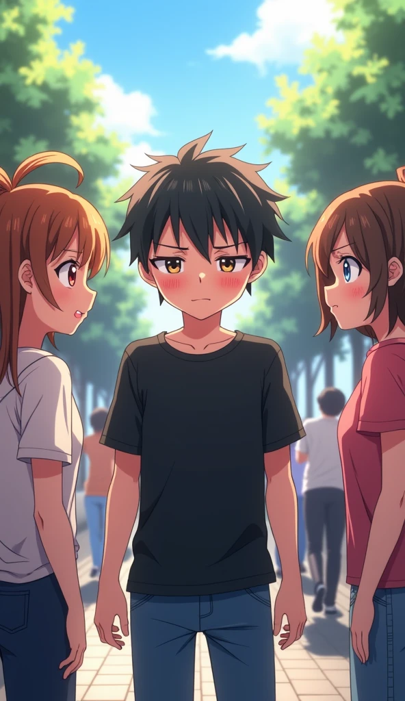 "A 2 anime boy, dressed in a black t-shirt and jeans, stands awkwardly in a lively street scene, blushing and looking embarrassed. He has a slightly slouched posture, indicating his shock and disbelief. Surrounding him are four anime girls, each with playful and teasing expressions, some laughing or smirking as they point at him. The scene captures the humor and awkwardness of the moment, with the girls clearly enjoying the boy’s reaction to their teasing. The overall atmosphere is light-hearted and comic, emphasizing the boy’s funny predicament."