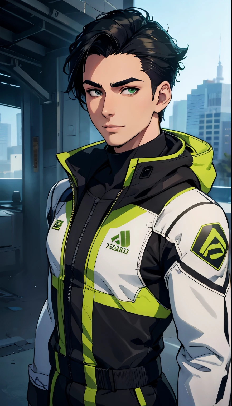 1 handsome young man in his mid 20s, green eyes, detailed eyes, olive skin, mid length black hair combed to one side, playful smile, tall, athletic body, futuristic jumpsuit, winter, (best quality,8k,highres,masterpiece:1.2),ultra-detailed,(realistic,photorealistic,photo-realistic:1.37),portrait,studio lighting,sharp focus,physically-based rendering,vivid colors,cold lighting