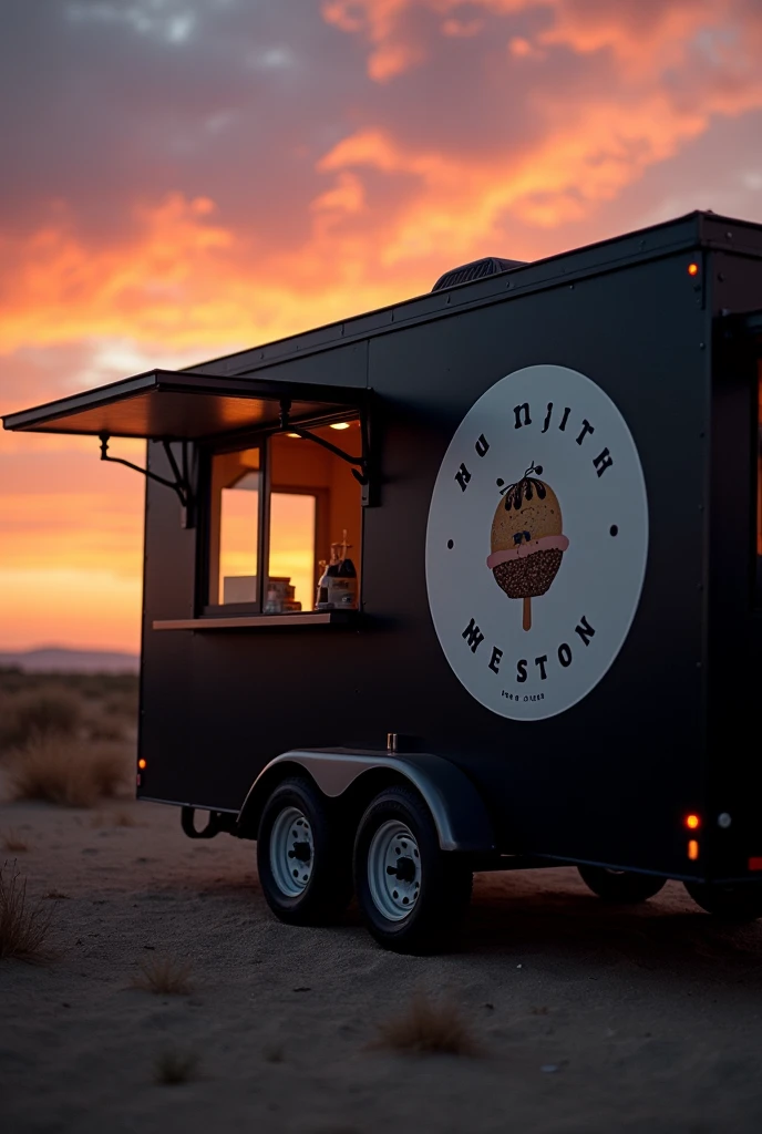 A logo for a snack bar in a black trailer with nothing written on it at sunset the logo has to be round