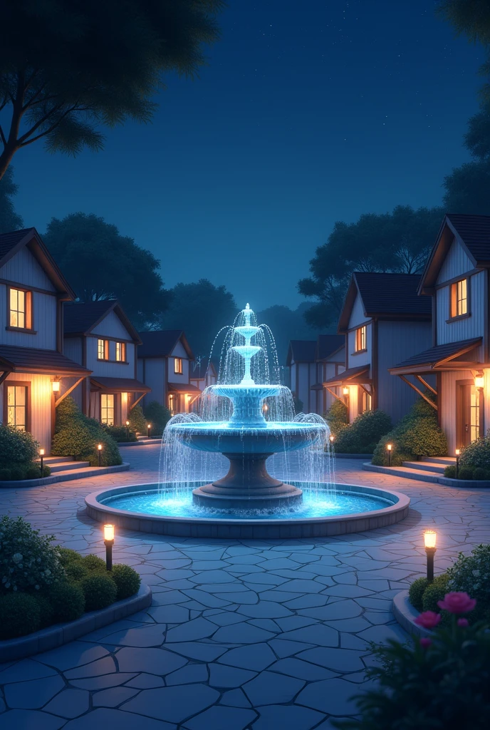 Make a water fountain with houses around it, at night and with lights around the fountain
