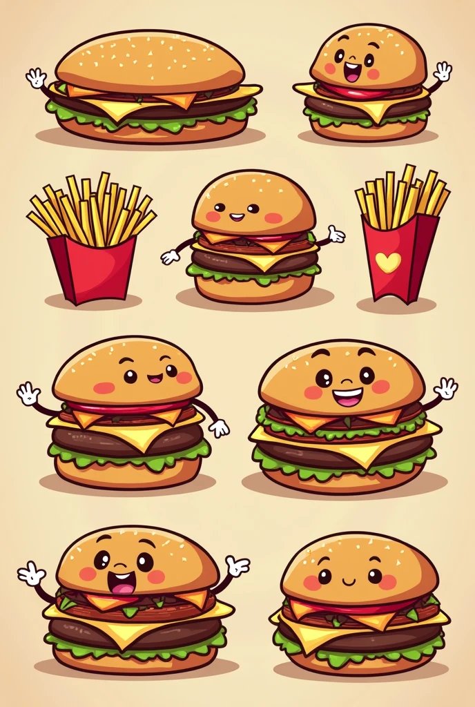 2D CARTOON PICTURES OF HAMBURGERS AND FRIES