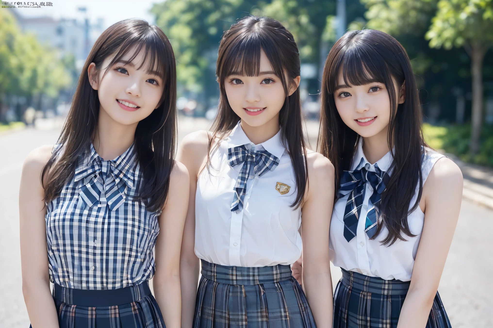 (Highest quality, masterpiece:1.2), Highest quality, Realistic, photograph, High resolution, 1080P, 8k, Physical Rendering, ((height: 155cm、Slim and slender style、medium firm chest)), ((((((A beautiful fashion model featured in a Japanese fashion magazine、Look directly at the viewer)))))), (((big, Very fine, Beautiful dark brown eyes))), ((((Everyone loves me、They are Laughter at me.!)))), Detailed fingers, (((length, Curled bangs))), ((((Very noble and cute eyes, Every detail is carefully drawn)))), ((double eyelid)), (((length eyelashes))), ((cute、Adorable、Adorable、Laughter、Laughter頬)), ((Pure white light hits my nose and cheeks. Her eyes and the white skin of her face are beautifully white........)), (((((Her face is very expressive、With a noble smile。, Very fun smiling beauty, Very clever smile))))), ((((A striking plain navy large school ribbon bow tie)))), ((((Very beautiful long black hair blowing in the strong wind outdoors、Fluttering Hair)))), (((((((She is wearing a formal long pleated skirt, Blue and navy tartan check, ))))))), ((((The size is a bit small、When she lifts up her white sleeveless shirt with a gold emblem, she shows off her beautiful small breasts.、Full upper body nude)))), ((As elegant as a noble princess)), ((From before, Create a striking image showing off your breasts..))(((((( fully nude high school girl)))))、Tight waist((((((Very close))))))、((((((Summer memories2Full nude high school girls)))))、Shortcut Straight Hair、極めてRealisticで詳細な背景