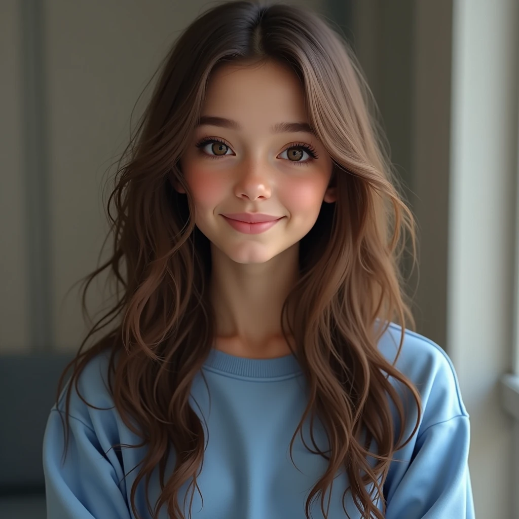 Girl with long brown hair wearing blue sweatshirt