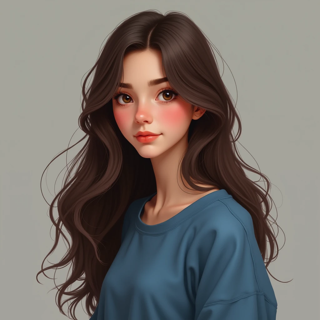 Girl with long brown hair wearing blue sweatshirt