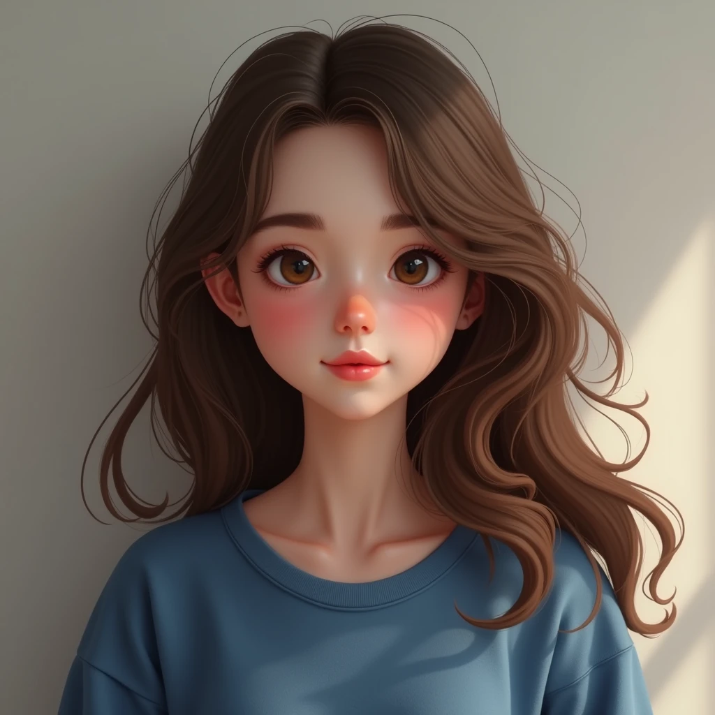 Girl with long brown hair wearing blue sweatshirt