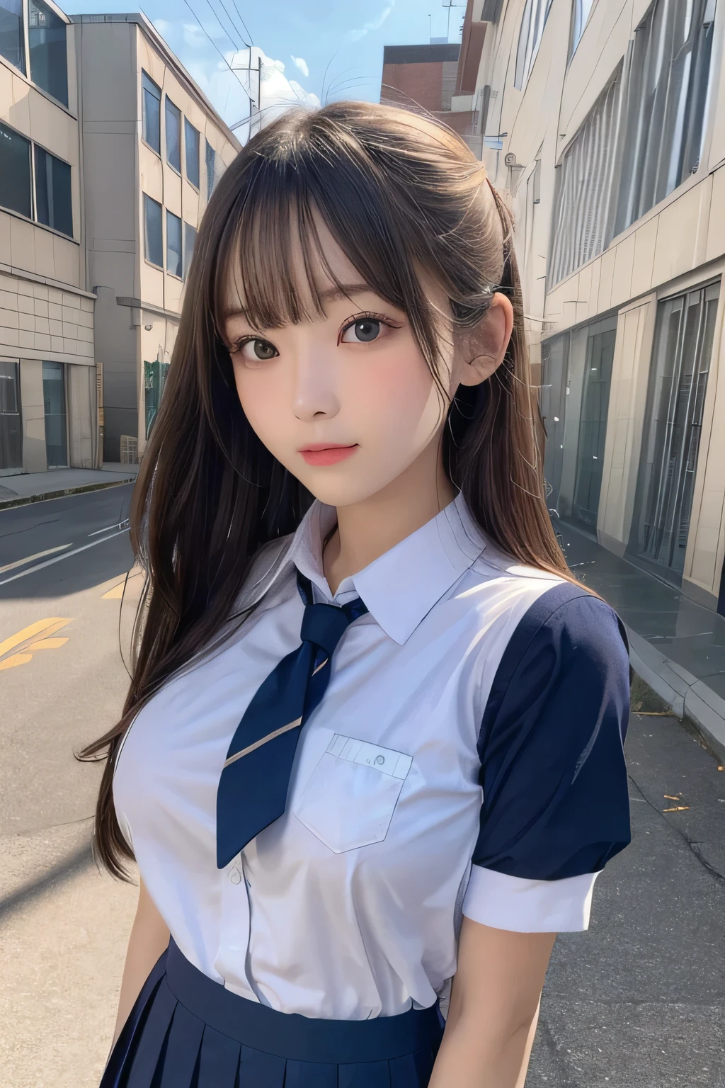 One Girl, 1 person,Highest quality,High resolution,超High resolution,8k,Realistic,Upper Body,encounter_audience,Large Breasts, the body is slim,(School uniform:1.2),