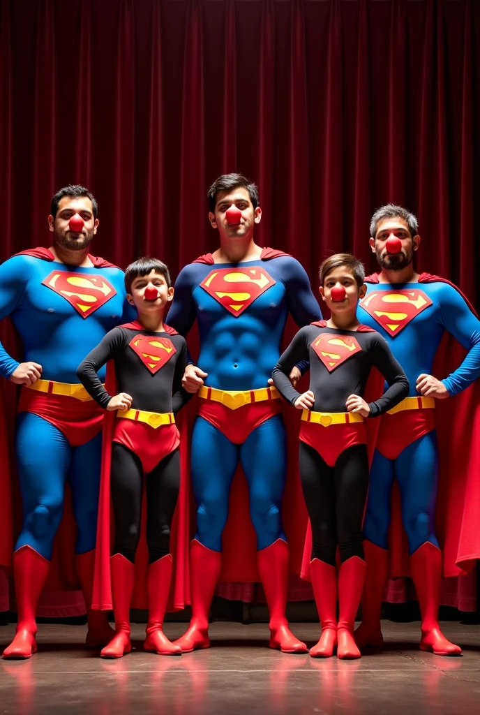A group of 5 ordinary people with Peruvian features, with ages ranging from 8 to 60 years, dressed as superman with a cape, They wear a colorful shirt, They wear a small red Clown nose, They are in the middle of a theater stage with the curtain open, Each one stands in a superhero pose  