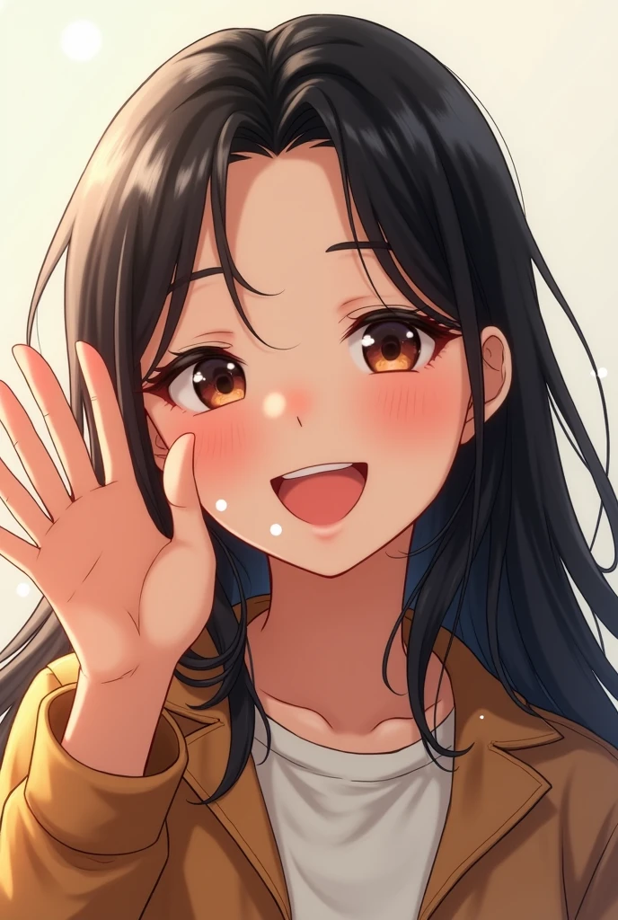 A girl with black hair, smooth and long, smiling and waving