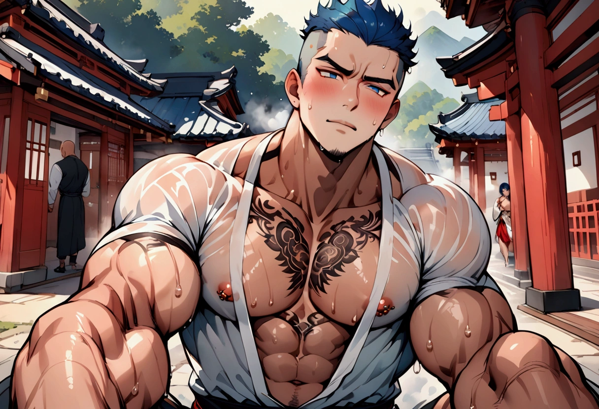 Highest quality、masterpiece、nsfw、(muscular male:1.2)、(father:0.5)、Shaved head、Short Hair、Sports haircut、short hair、Black Hair、Blonde、Gray Hair、Red hair、Blue Hair、(sweat:1.3)、(steam:1.1)、Waiting at the shrine entrance、Bored face、nipple piercing、tattoo on chest、tattoo on leg、ass pov