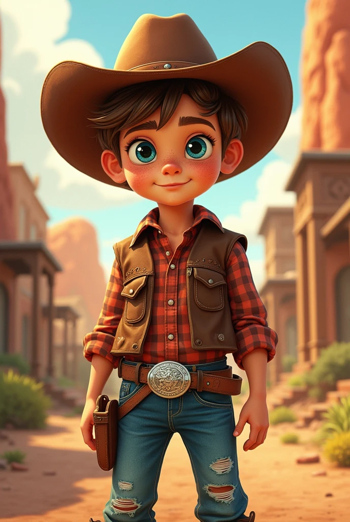 A drawing of a little Brazilian boy with fair skin and freckles, blue colored eyes, with messy light brown hair like he had just taken off his hat, in a western, wearing a brown leather vest, a little worn, red and black flannel shirt, With short sleeves, dark blue jeans slightly ripped at the knee, cowboy boots and a silver buckle