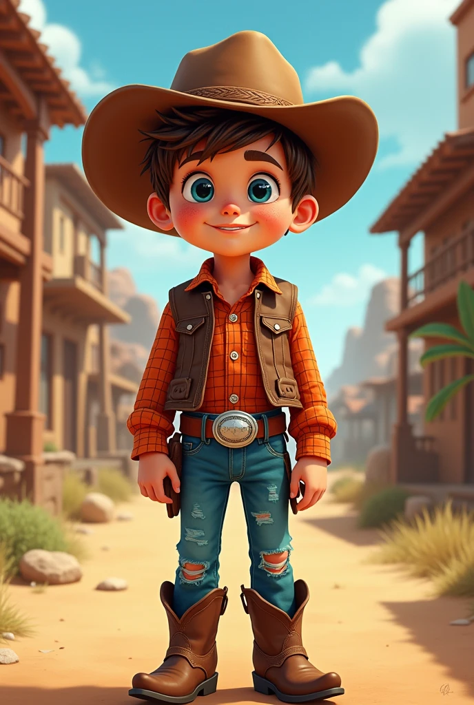 A drawing of a little Brazilian boy with fair skin and freckles, blue colored eyes, with messy light brown hair like he had just taken off his hat, in a western, wearing a brown leather vest, a little worn, red and black flannel shirt, With short sleeves, dark blue jeans slightly ripped at the knee, cowboy boots and a silver buckle