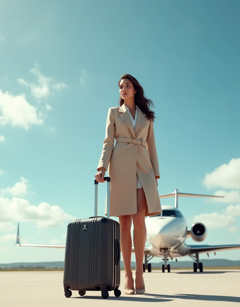 A beautiful young woman standing on runway with suitcase, wearing a posh coat ready to take a private jet