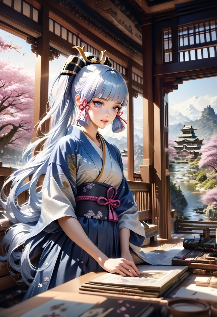 Kamisato ayaka, beautiful detailed eyes, beautiful detailed lips, extremely detailed eyes and face, long eyelashes, elegant kimono, serene expression, narrow waist, flowing hair, intricate hair ornaments, natural lighting, vibrant colors, cinematic composition, fantasy landscape, cherry blossoms, ornate architecture, (best quality,masterpiece:1.2),ultra-detailed,(realistic,photorealistic,photo-realistic:1.37