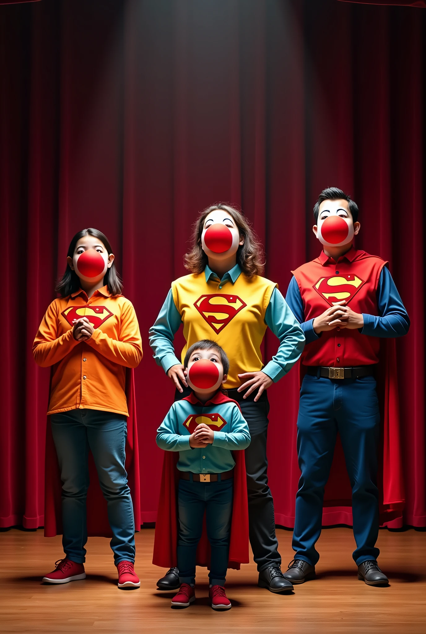 A group of 5 ordinary people with Peruvian features, with ages ranging from 8 to 60 years, dressed as superman with a cape, They wear a colorful shirt, They wear a red clown nose that matches the size of their face., They are in the middle of a theater stage with the curtain open, Each of them performs a different theatrical posture 