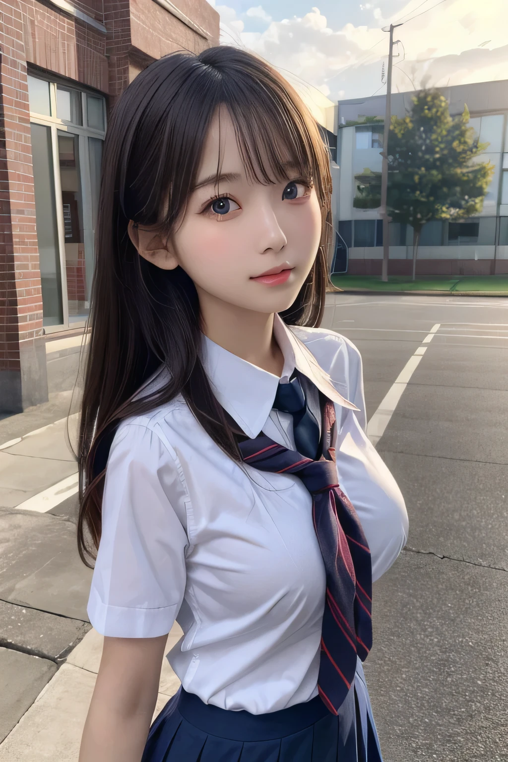 One Girl, 1 person,Highest quality,High resolution,超High resolution,8k,Realistic,Upper Body,encounter_audience,Large Breasts, the body is slim,(School uniform:1.2),