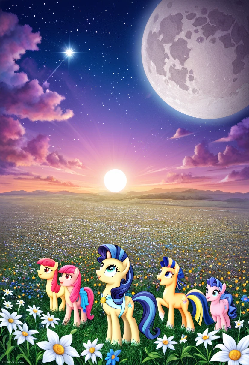 A girl on a meadow,Many stars shining in the wide sky,Shining Star,milky way,full moon,I look up and see,Wildflowers are in full bloom,Pure World,masterpiece,Highest quality,最高masterpiece,Detailed anime art,Digital Art,