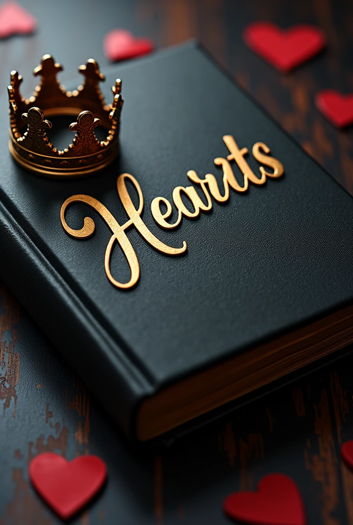 Book cover with name "hearts" in a cursive font with a crown hanging from one of the letters and playing cards of hearts thrown in the wind in a blurred background, dark and classic vibe