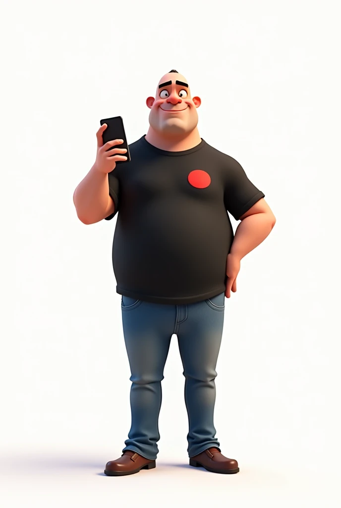 Create a Disney Pixar style character in a white setting a white man,Round face, narigudo, with thick eyebrows, shaved hair, short, wearing a black t-shirt with a red circle on the left chest and jeans, with one hand holding a cell phone and the other pointing upwards