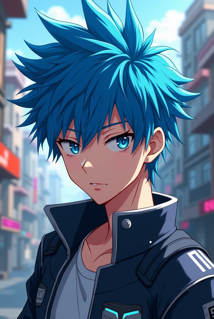 Create a Manga anime character with Blue Hair, Men,