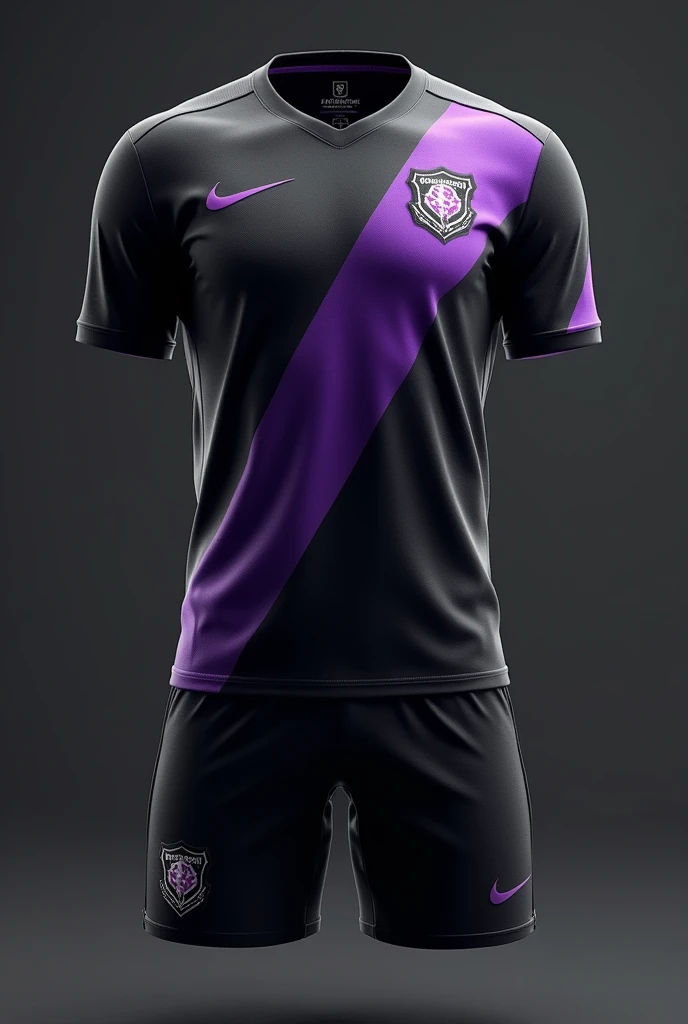 A soccer uniform with black, gray, and purple colors, with the real Warriors logo, highly detailed, 8k, photorealistic, intricate details, studio lighting, sharp focus, ultra-detailed, award winning image quality, concept art, elegant, dynamic pose, cinematic lighting, atmospheric