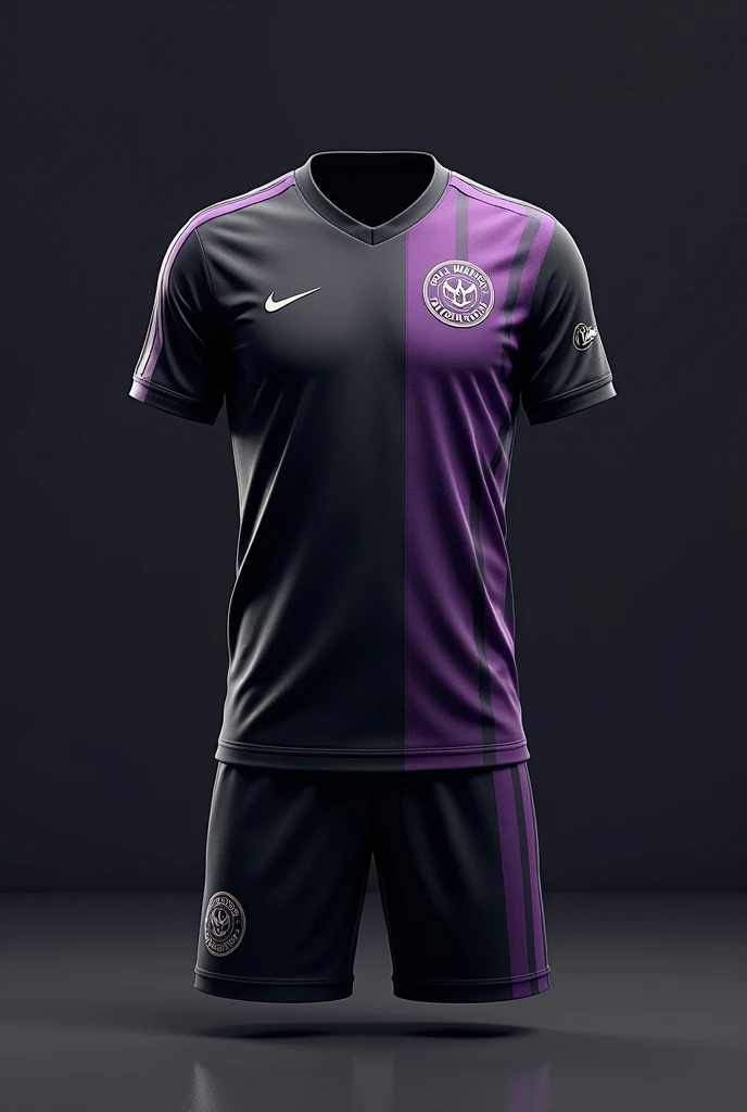 A soccer uniform with black, gray, and purple colors, with the real Warriors logo, highly detailed, 8k, photorealistic, intricate details, studio lighting, sharp focus, ultra-detailed, award winning image quality, concept art, elegant, dynamic pose, cinematic lighting, atmospheric