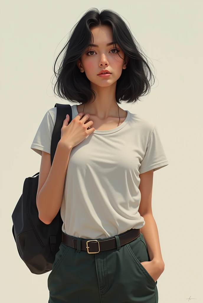 a woman with black hair, at the shoulder height, from 50 to 70 kg , white, wearing loose clothes, slim, eyes browns, 1 and ambitious