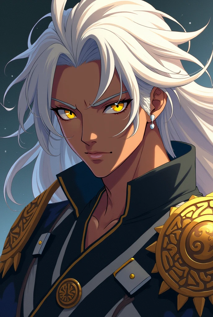 Anime Style, Male, Dark Skin, Yellow Eyes, Golden rings around his arms, White Hair, Japanese armor
