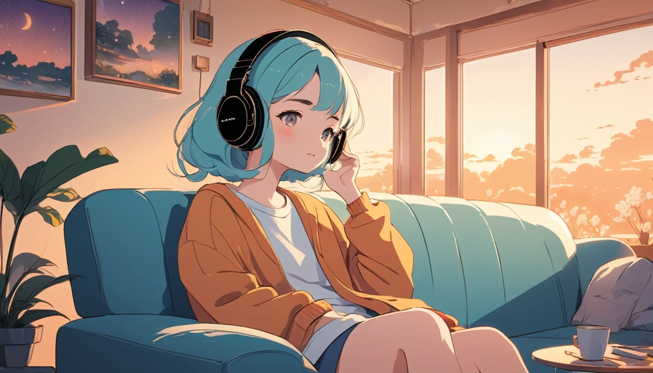 Woman wearing headphones, Sitting comfortably on the sofa、Wide-angle lens, Lofi Anime, Lofi illustration, Aesthetic atmosphere, Lo-Fi Style, Vector art, Flat Design, Simple shape, Warm tones, Pleasant atmosphere, Chill, In anime style, Digital drawing, Vector art, Vector logo for t-shirt printing, (Adorable:1.5), (small:1.4), (Playful:1.2), (soft:1.3), (Whimsical:1.1), masterpiece, Highest quality, 8k, Intricate details, grow, Celestial, Mysterious, Picturesque, amazing, Majestic, Magic, Fantasy art, Cover art, dream-like