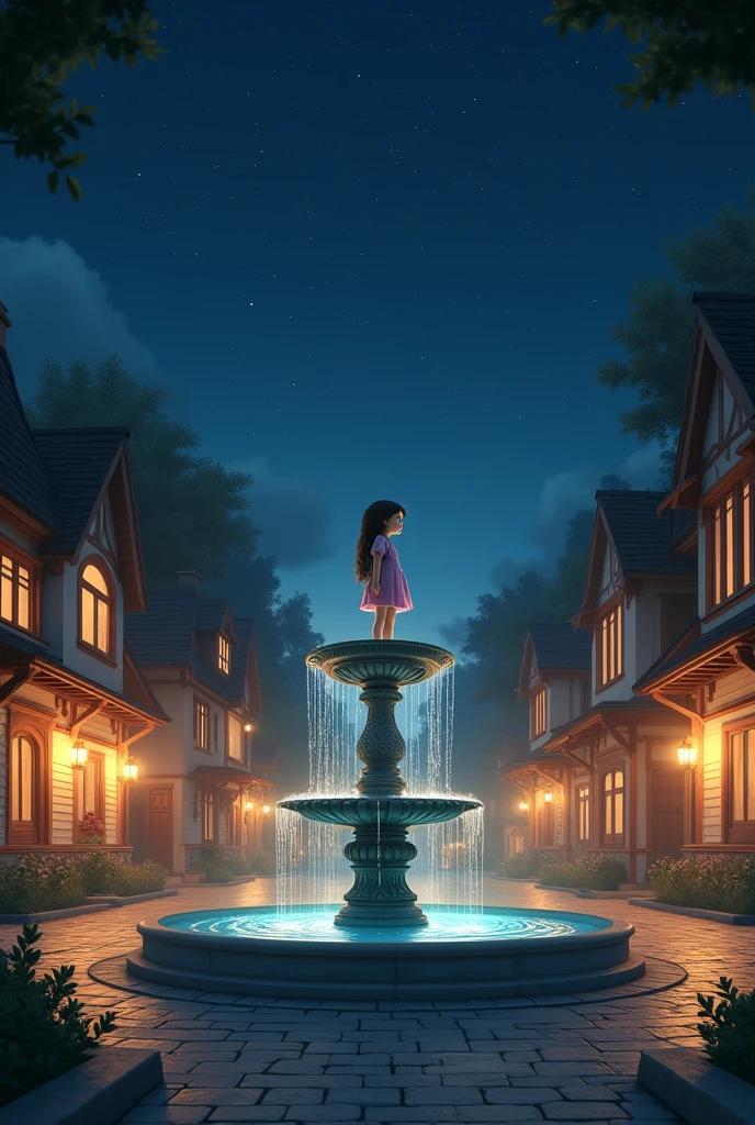 Make a water fountain with houses around it, at night and with lights around the fountain, Now put a girl looking at the sky in that fountain