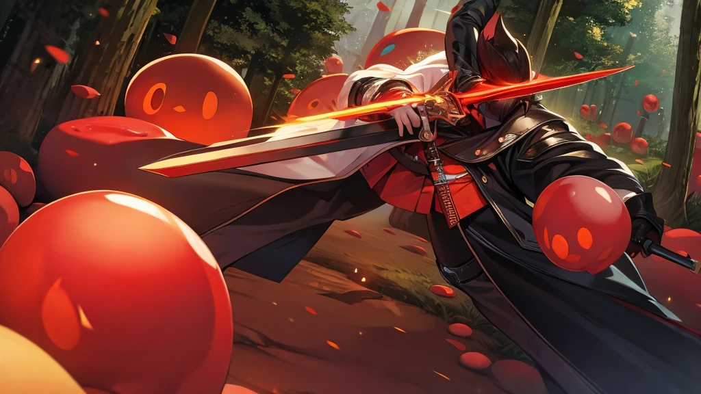 warrior wearing leather overcoat attacking with sword red slimes in forest