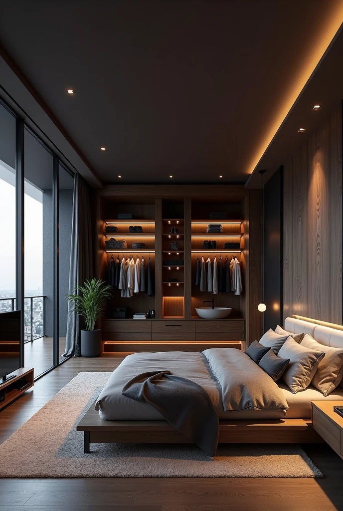 Make a stylish bedroom with black and wood colors, where you have a large closet next to the bed, In the front there is a TV with a PS5 and behind there is a large balcony and on the other side there is a bathroom.