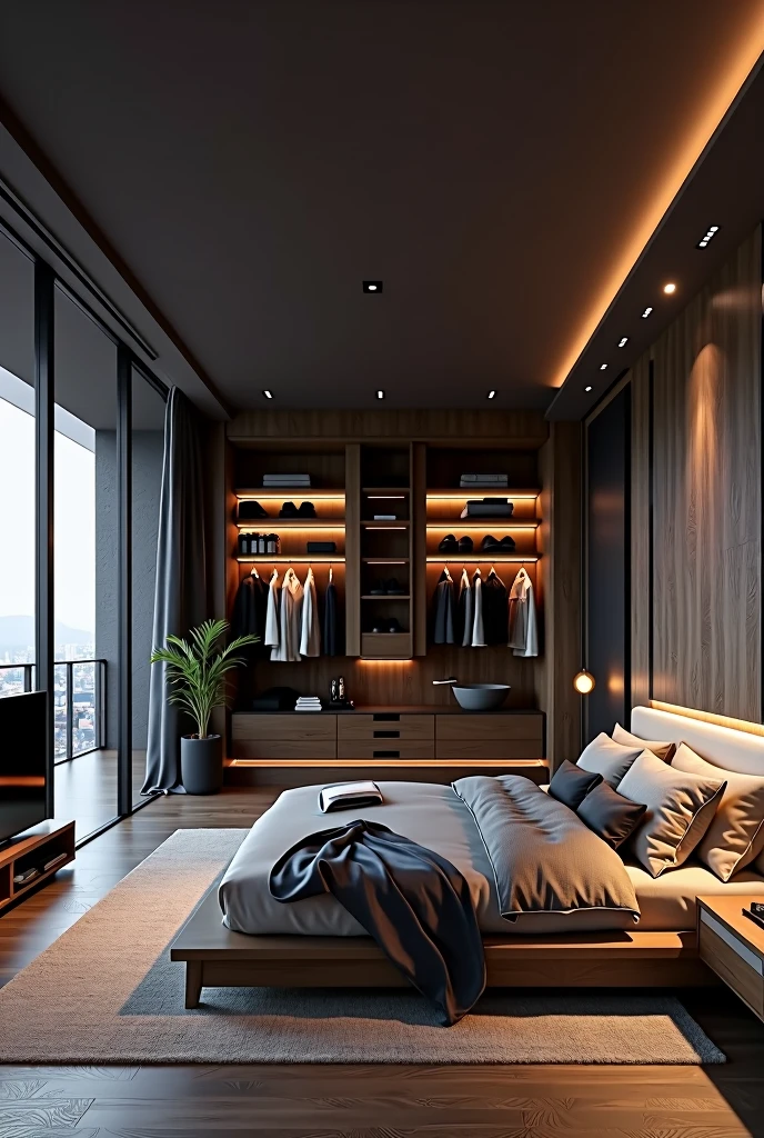 Make a stylish bedroom with black and wood colors, where you have a large closet next to the bed, In the front there is a TV with a PS5 and behind there is a large balcony and on the other side there is a bathroom.
