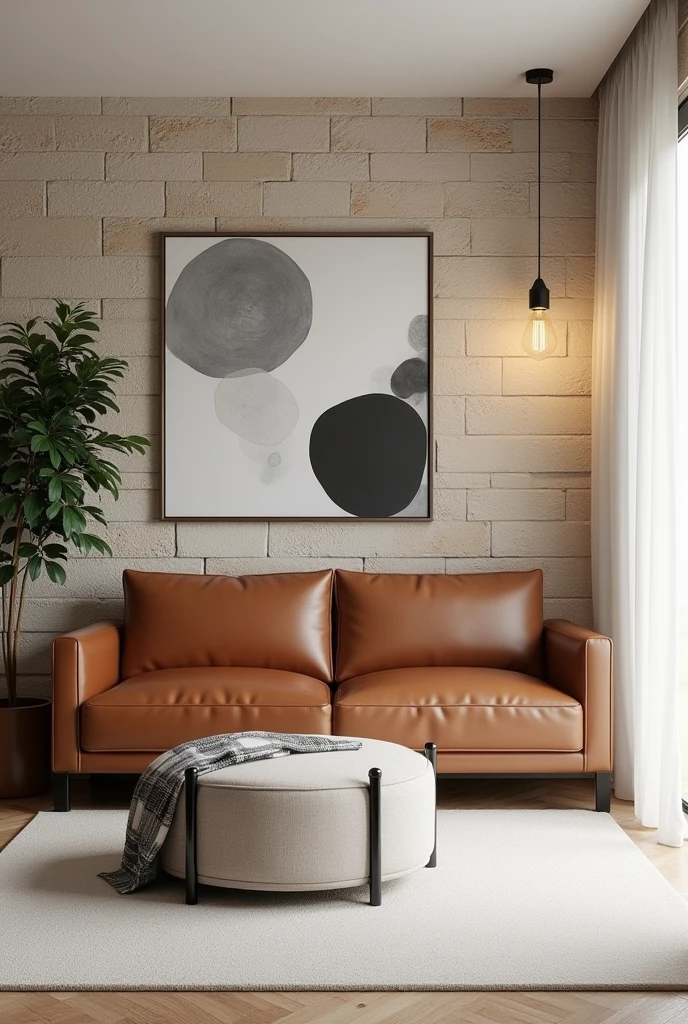 Create an interior design scene with a stylish and contemporary living room ambiance. The back wall must be made of natural stone, with rustic texture and neutral tones. Place a caramel brown leather sofa in the center, with cushions of the same tone but showing only half of the sofa in the scene. In front of the sofa, place a light beige pouf with black metal legs. About the pouf, add a gray and white plaid blanket. Add a modern pendant light with two black and white globes, suspended next to a large black and white abstract artwork. On the left side of the sofa, insert a tall green plant to bring a natural touch to the environment. The floor should be covered with a soft carpet in a light shade., and a flowing white curtain should frame the scene on the right. The ceiling should be painted neutral white..  The environment is sophisticated and luxurious 