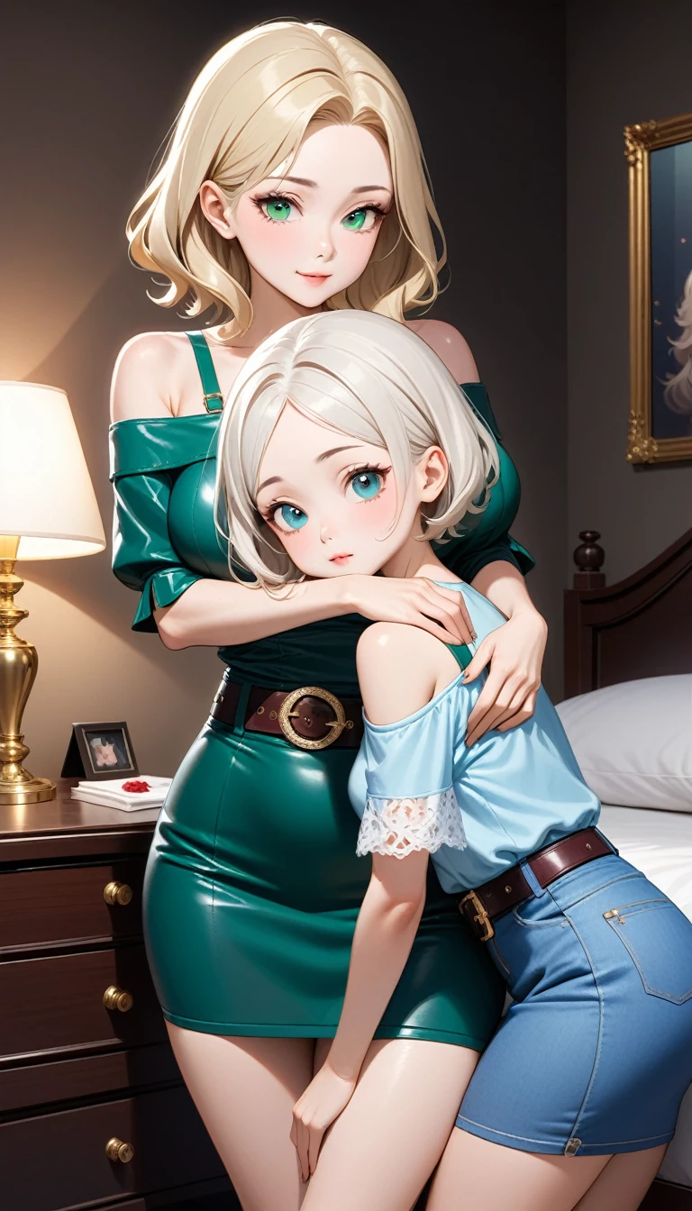((Two beautiful ladies)), ((lady 1: 45y old mom, with undercut straight blonde hair with blue eyes and caucasian skin, wearing ((Tight Dark Green Denim Skirt)), ((Leather Belt)), ((Sexy Off Shoulder Short Sleeves Blue Blouse)), ((lady 2: 18y old daughter, with short straight blonde hair with blue eyes and caucasian skin, wearing ((Tight Light Blue Denim Skirt)), ((Leather Belt)), ((Sexy One Strap Burgundy Blouse)), ((lady 1: 45y old mom wearing luxurious jewelry, 18k gold wedding ring on left hand)), standing in their bedroom at night, mother hugging and kissing her daughter from behind, (light brown lipstick), (elegant mascara), (slim body), (small breasts), (wide hips), endjourney, <lora:GoodHands-, <lora:GoodLegs-, UHD, high resolution, (expressive eyes, perfect face, full body, expressive face, perfect body, perfect pussy, athletic, fit, slim body, blushing, Perfect makeup, eyeliner, beautiful eyelashes, smiling, horny face), ((best illumination, best shadows)), ((sexy pose)), score_9_up, score_8_up, score_7_up
