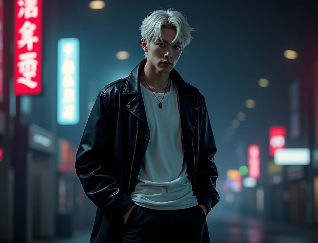 "A young Korean idol 2, with a serious and intense expression. He has platinum hair with black roots. ,short with a slight wavy touch, falling gently on the forehead. Extremely clear skin, His face is striking, with sharp features and expressive dragon-like eyes that reflect depth and introspection. He's tall and strong, your muscles show on your shirt, He wears a black leather coat, matching with a simple t-shirt and dark pants. Jyungi is in a nighttime urban setting, with neon lights in the background, that highlight its stripped-down and mysterious look. The pose is relaxed, but his presence is strong and carries an air of arrogance, Melancholy and mystery."