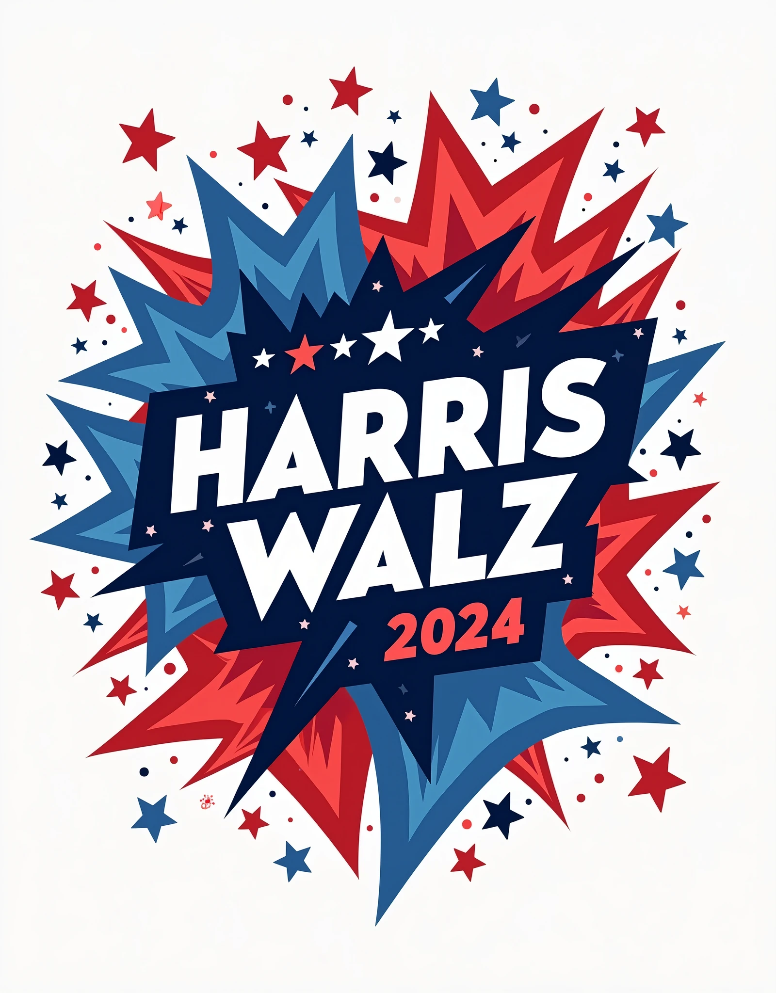 "Harris Walz 2024" Design: A modern and vibrant design featuring "Harris Walz 2024" in a dynamic, sans-serif font. The design is framed with a series of abstract stars and flag-inspired elements, giving it a fresh and youthful appearance aimed at energizing voters.
