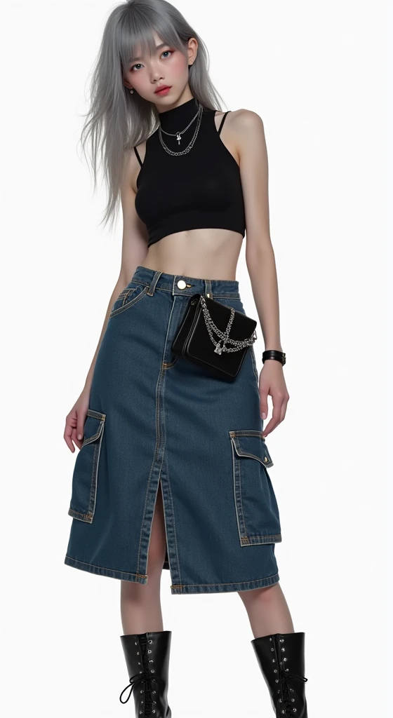 (nsfw:1.2), masterpiece, Best Quality, Realistic, A mysterious and sophisticated beautiful young girl, with blue eyes wears futuristic and sexy fashion art. 18-years-old, cute and sexy Japanese girl is climbing at a wide angle, // The outfit features a black sleeveless turtleneck fusion of cropped tank top made from a lightweight, stretchy material. The top has thin shoulder straps and fits tightly, highlighting the wearer’s silhouette. The bottom piece is a midi-length denim skirt made from thick denim fabric. The skirt includes prominent stitching and large side pockets, adding a functional, cargo-style element to the design. Accessories include a simple silver chain necklace, a matching bracelet, and a small silver chain bag. The entire ensemble is styled in a monochromatic black and silver color palette, creating a sleek and urban look, /// Breasts in a high position, large breasts, slim waist, abs, large butt, /// standing, winding sexy pose, with her full body in frame. ///, hyper small head and face, wide Duck mouth, half open mouth, perfectly aligned teeth, perfect beautiful wide teeth, light blue eyes, half open eyes, shiny Droopy eyes, gray hair, looking other, She is situated within the interior of a futuristic colony, in the deep night, with mist drifting and steam rising from concrete