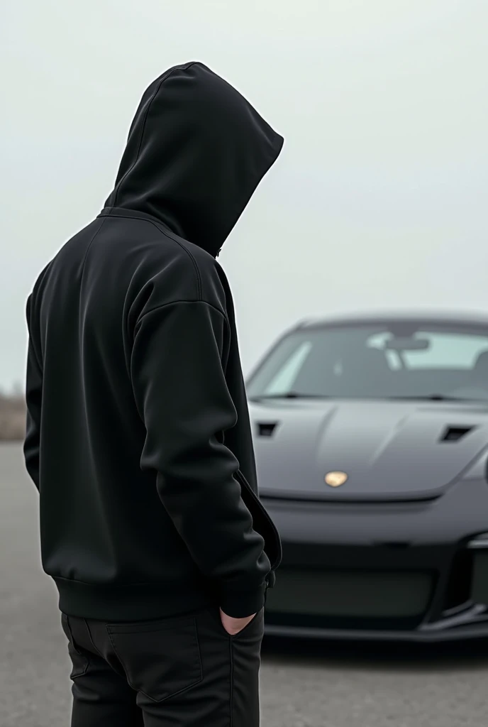 A man with his back turned and in front of him a Porsche GT3, the man with a black sweatshirt with the hood over his head 