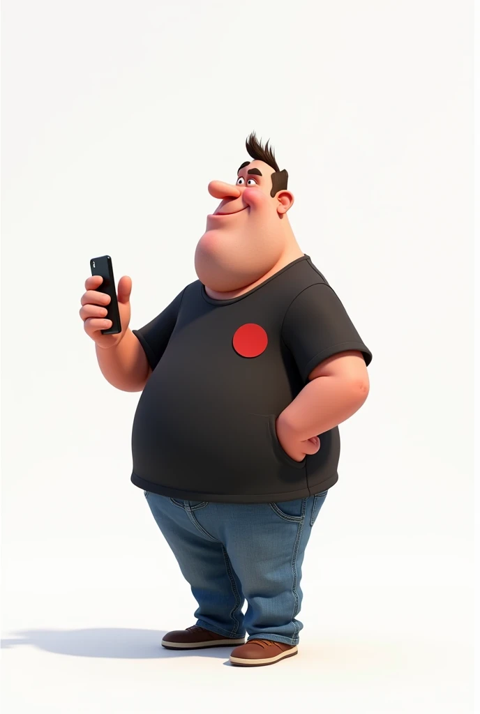 Create a Disney Pixar style character in a white setting a white man,Round face, narigudo, with thick eyebrows, the short hair, short, wearing a black t-shirt with a red circle on the left chest and jeans, with one hand holding a cell phone and the other pointing upwards