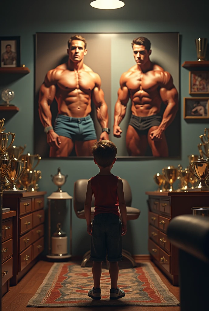 A boy in his room looking at his trophies and pictures of bodybuilders like Arnold Schwarzenegger and Ronnie Coleman hanging on the wall with a movie-like title that says Who will I be??