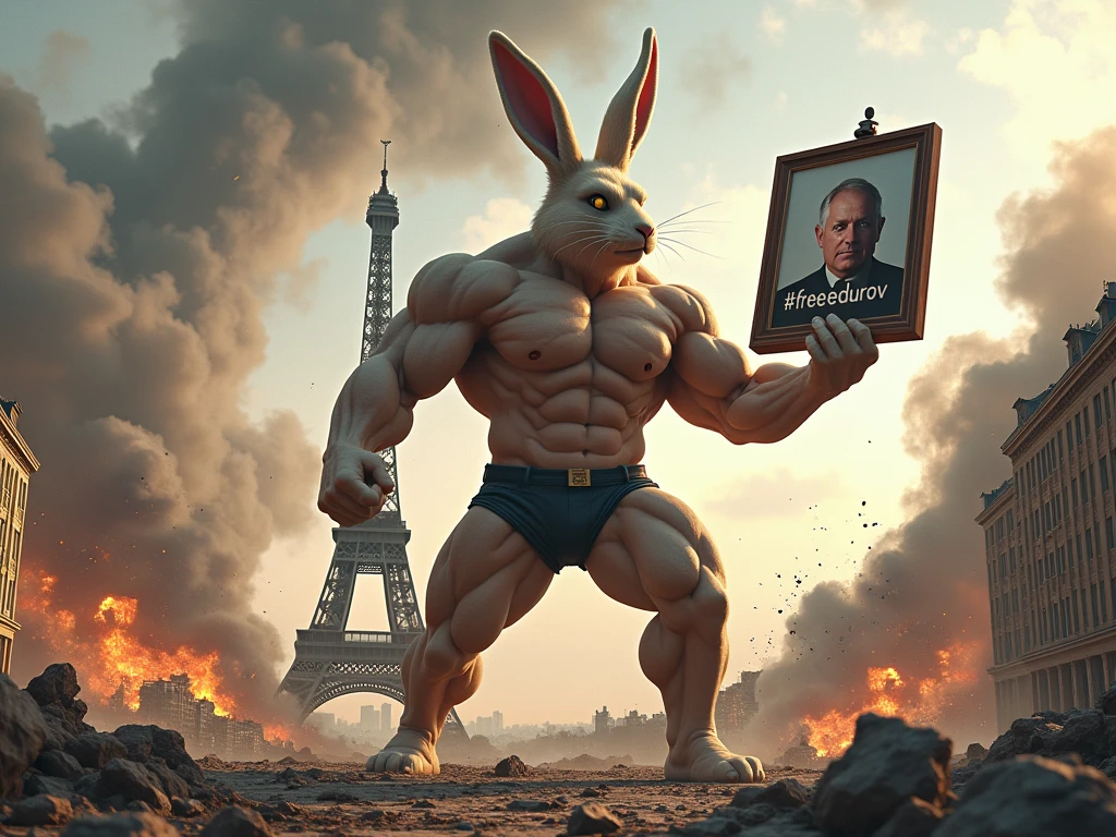 Rocky Rabbit with a six-pack body and a very large and very tall body destroys the Eiffel Tower, the buildings collapse due to the strength of Rocky Rabbit and the dust and smoke rises and the buildings catch fire, there is a painting in Rocky Rabbit's hand that Written #FREEDUROV