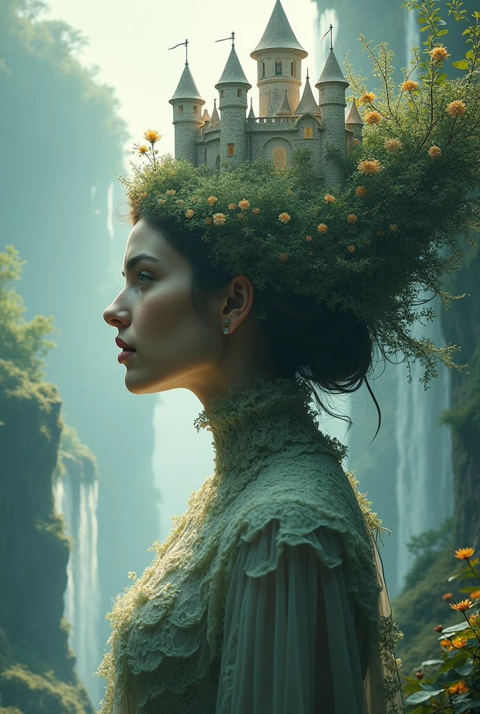 (((masterpiece))), a majestic castle emerges from a woman's hair, a woman with a castle on her head, it is a fantastic landscape where human nature is recreated with nature, waterfalls, a dreamlike work of art. She has a serene and powerful expression, surrounded by ethereal light and magical flora, cinematic composition, trending on ArtStation.