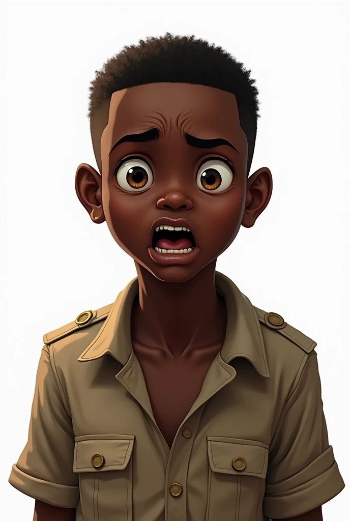 Create a hyper-realistic illustration of a young man, skin black, jaw and marked features, eyes browns, and short hair, well combed back and black color, safari outfit, scared, white background