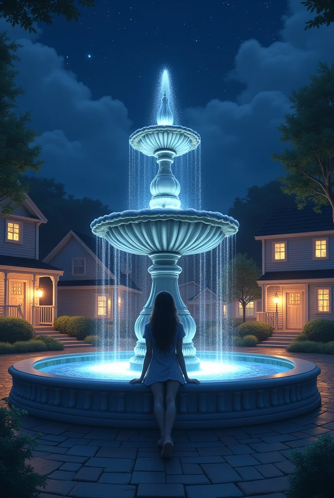 Make a water fountain with houses around it, at night and with lights around the fountain, Now, put a girl sitting on the edge of the fountain with her back to the sky.