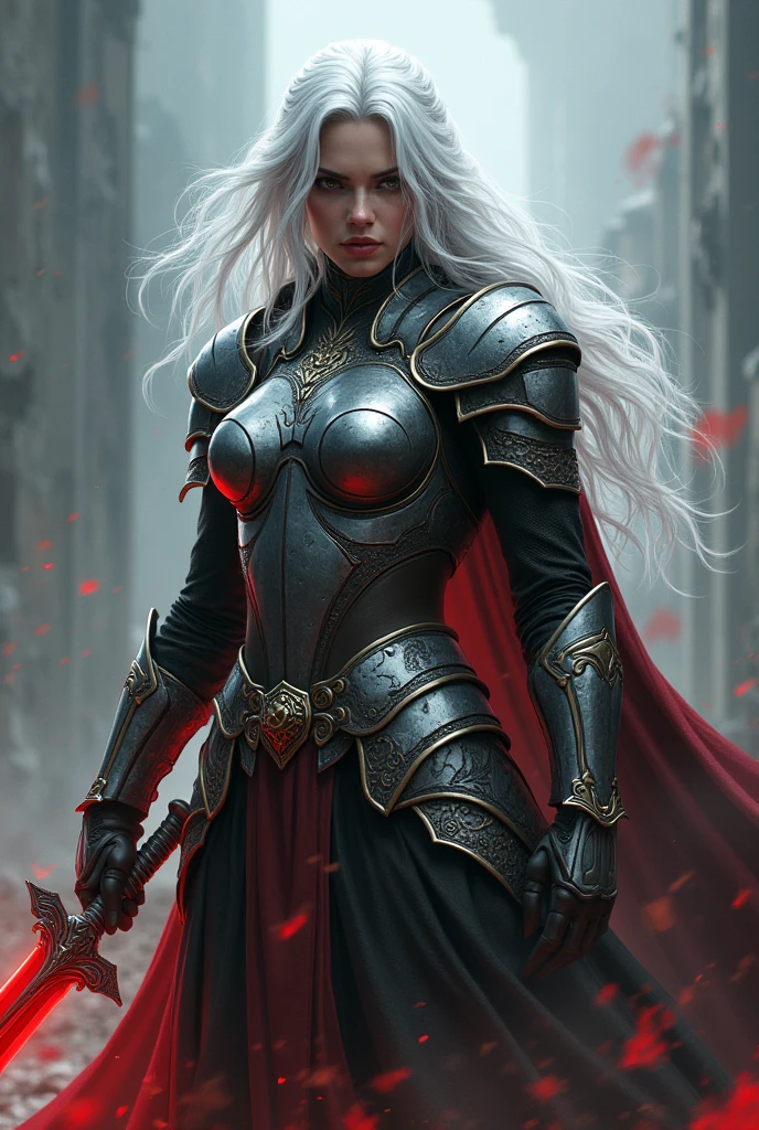 White haired warrior woman in armor is wielding a blood red sword RPG