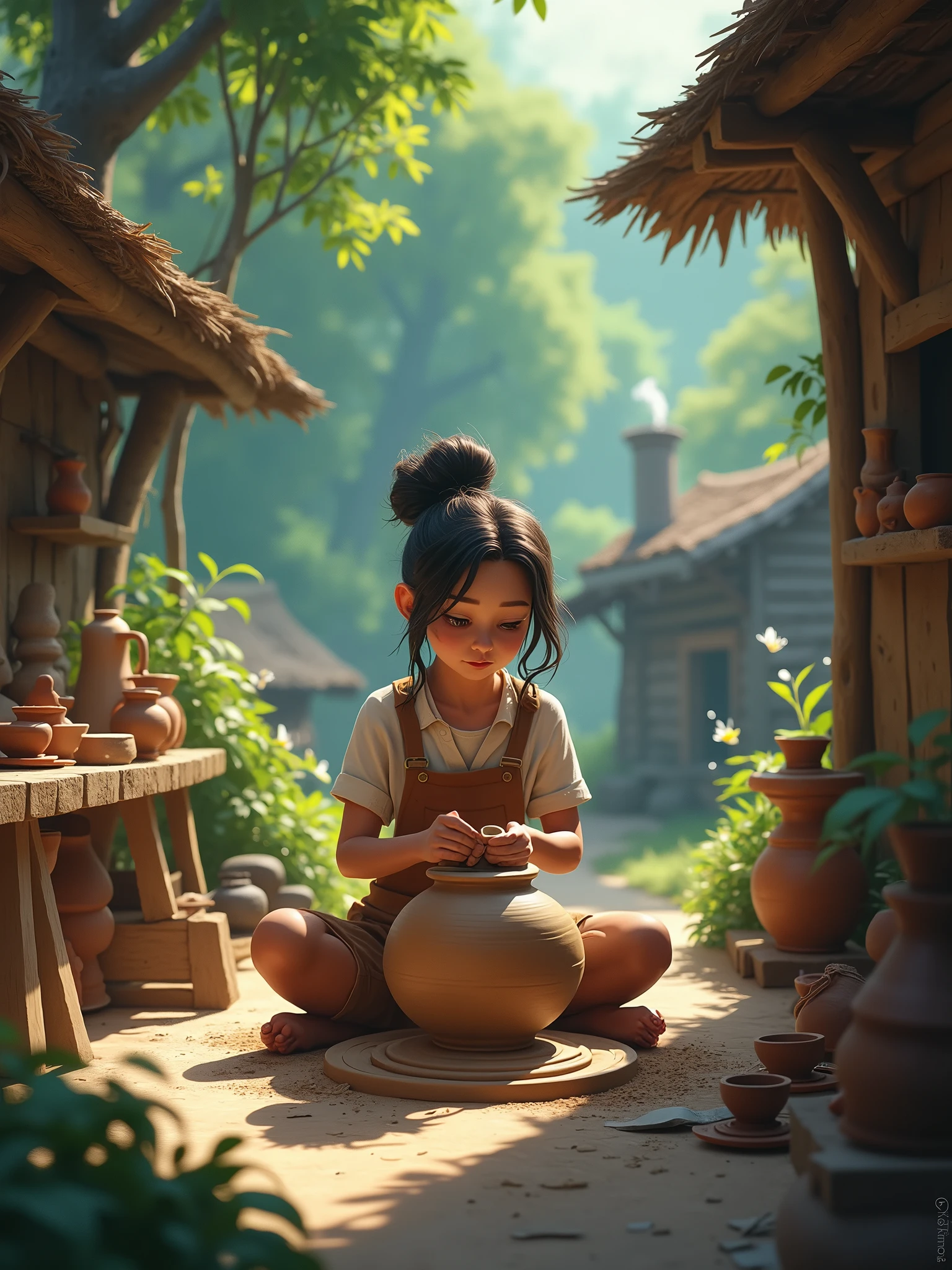 A talented young woman named Clara, in a small village surrounded by a dense forest, working in her pottery workshop.--ar16:9