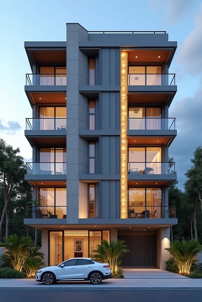 Create a photorealistic image of a modern nine-story building facade, consisting of two semi-detached units. The design is sophisticated, with straight lines and a combination of contemporary materials. The facade is dominated by two illuminated golden columns that stand out, creating a feeling of luxury. At the center, there is a main entrance with a minimalist design metal gate, combining dark gray with white details. The wide windows are framed by white sills, greens and the front garden is discreetly decorated with tropical plants, like palm trees and shrubs. In front of the building, there is a white modern car leaving the parking lot on the first floor of the building, which is covered with tiles in shades of gray. The surrounding scenery includes tall trees and lush vegetation., with a clear blue sky and few clouds, creating a peaceful and elegant residential environment