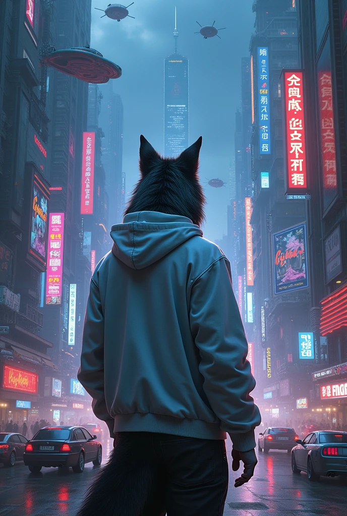 Lonely wolf wearing white hoodie on cyberpunk city at night with city light