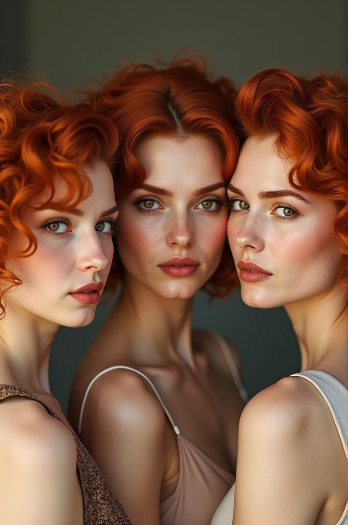 3 woman, short red curly hair, middle mouth,Eye Brown, middle nose , light brunette 